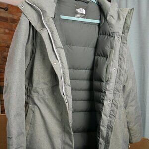 Grey Down Winter Arctic Coat with Hood and Removable Fur Fringe, Large